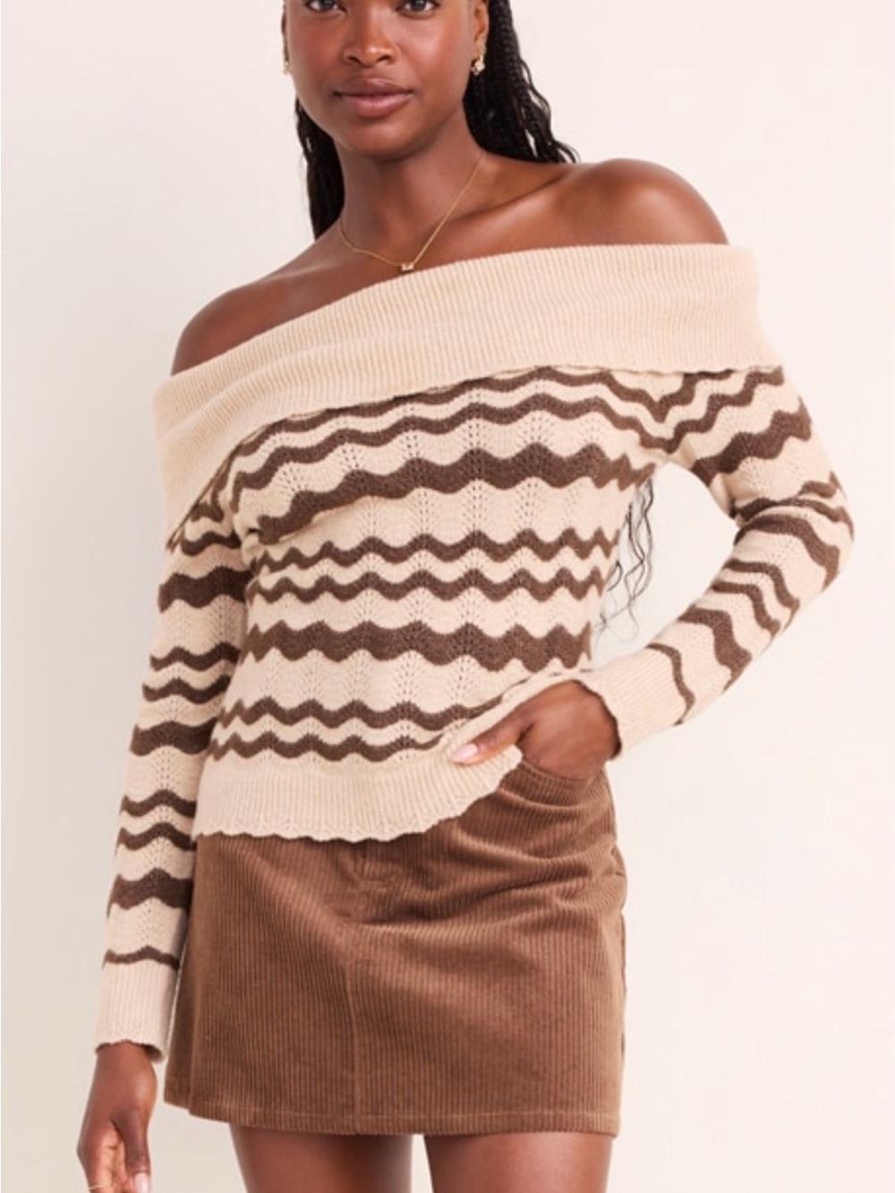 Francesca's Cream and Brown Wave-Stripe Off-the-Shoulder Sweater